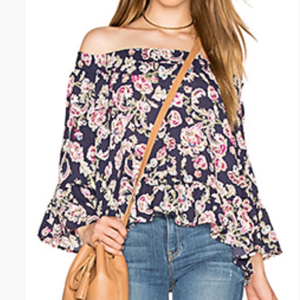 Jack BB Dakota Off Shoulder navy floral top